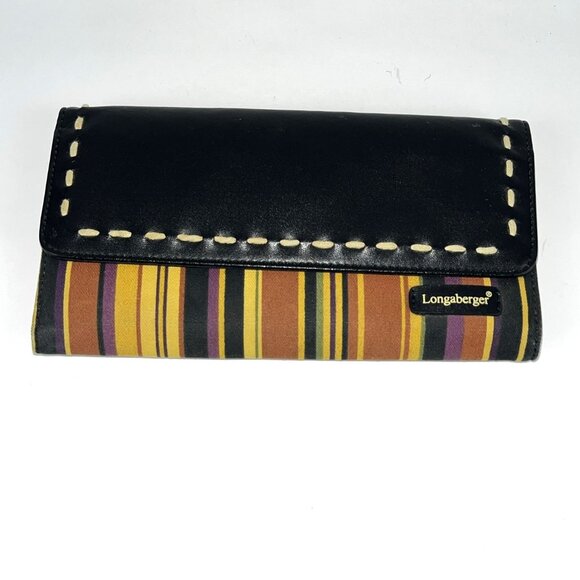 Longaberger Tri Fold Wallet Black yellow orange striped Zipper Retired - Picture 1 of 10